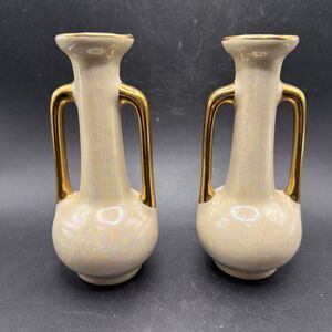 Set Of 2 Bud Vases Opalescent Irridescent Cream Gold Handles Rim Pearl Co. USA